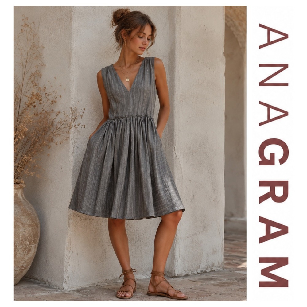 Anagram Gray Striped Fit & Flare Sleeveless V Neck Linen Cotton Blend Dress 8